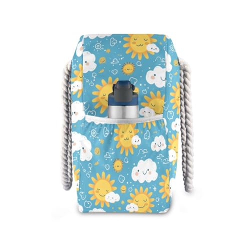Simple Cartoon Sun Clouds Sturdy Outdoor Tote Bag with side pocketes Large Bag for Pool Gym Grocery Travel3
