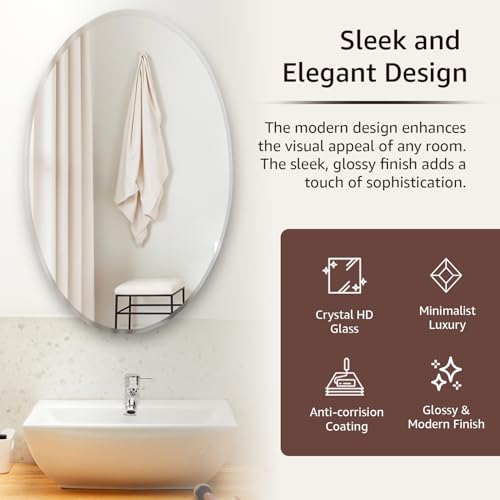 Image of Amazon Basics Frameless Oval Glass Wall Mount Mirror with Beveled Smooth Edges - Decorative Bathroom, Bedroom, Living Room, Dressing Room & Entryway Mirror - 29 x 0.4 x 44 cm