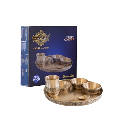 Image of Indian Art Villa Bronze 6 Pcs Thali Set with Matt Embossed Design, Traditional Bronze Dinner Thali for Indian Meals, Festive Dining & Heritage Gifting, 11.5 Inch
