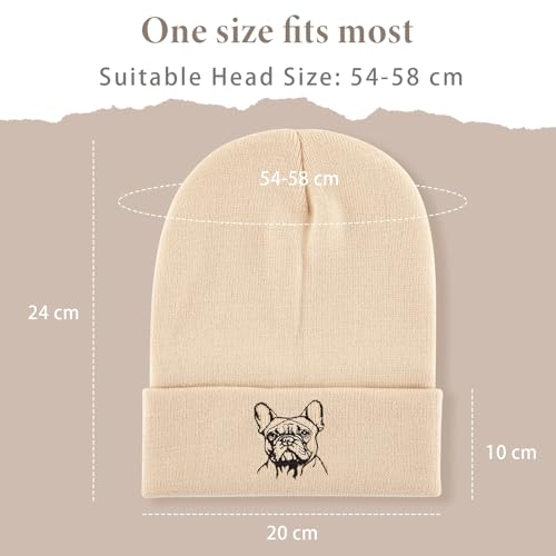 Geyoga Warme Weiche Wintermütze Winter Beanie Mütze Strickmütze mit Stickerei Kalte Mütze mit Hundestickerei Geschenk Strickmütze für Hundebesitzer(Beige,Französischer Hund)