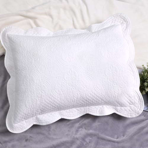 White Quilted Pillow Sham Standard Cotton Medallion Damask Set of 2 Embroidered Floral Pillowcases Scalloped Embossed Matelasse Victorian Vintage Textured Decorative 20×26