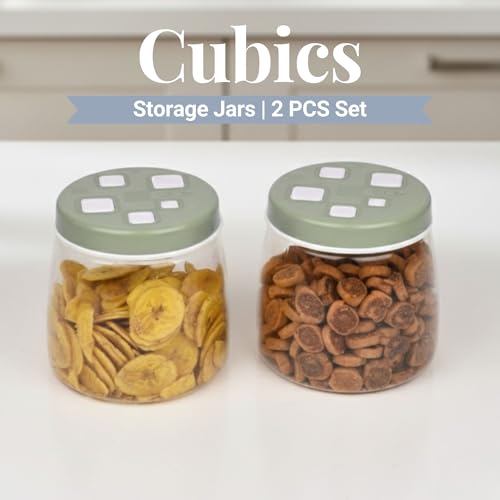 Image of FLAIR Cubics Airtight Food Storage Containers Set of 2 (1000ml each) with Spoon - Green, BPA-Free, PET Plastic Jars, Space-Saving for Pantry, Snacks