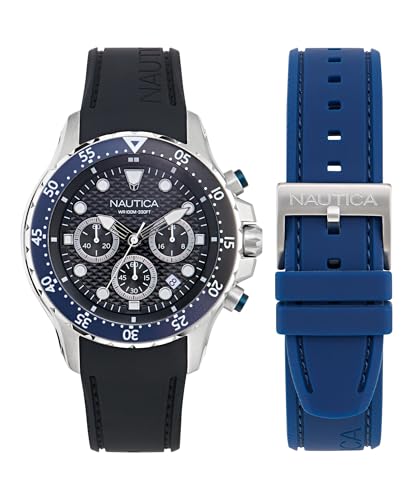 Nautica Reloj cronógrafo NST de 44 mm para Hombre, Negro, Azul, Negro y Plateado, Moderno