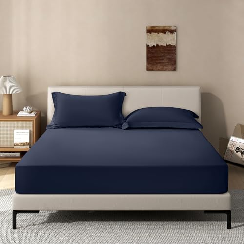 Image of Navy Fitted Sheet,Queen Size Fitted Sheet with Deep Pocket 18 inch,Ultra Soft & Breathable FittedSheet Easily Fits 18 inch to 24 inch Mattress