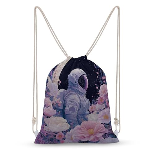 Astronaut Crescent Moon Flowers Drawstring Backpack Canvas String Bag Lightweight Sports Gym Bag for Men Women