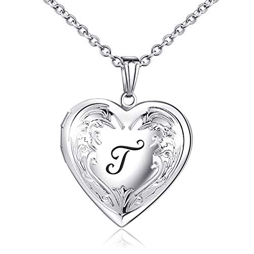Locket Necklace that Holds Pictures Initial Alphabet A-Z Letter Pendant Necklace Platinum Plated Gifts for Women (T)