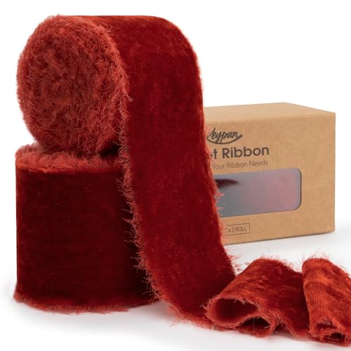 Keypan Rust Red Velvet Ribbon 2-1/2 Inch x 6 Yd Handmade Frayed Vintage Wide Ribbons for Christmas Tree Home Decor Wreath Craft Ornaments Gift Wrapping