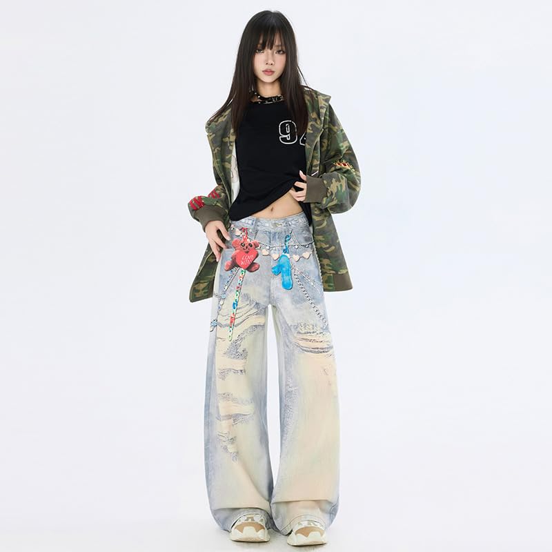 Neutral High Street Jeans - Unique Printed, High Waist, Loose, Wide Leg Denim Pants2