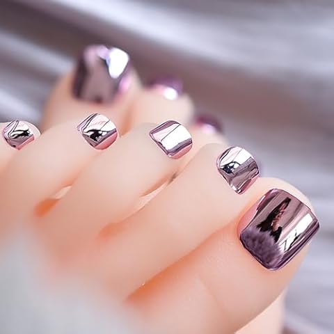 Coolnail Metallic Press on Toe Nails Short Square, Metal Mirror Pink Toenail Press Ons, Light Weight & Fit Perfectly Press on Toe Nail with Jelly Glue, Fake False French Toenails Kit Cover