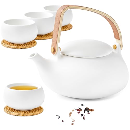 ZENS Theiere avec infuseur, Théière en japonaise avec 4 tasse pour le thé en vrac, blanc céramique Théière avec filtre en acier inoxydable 304 pour les fleurs Thé, manche en bois moderne
