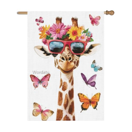Wordatu Welcome Giraffe Flowers and butterflies Decorative Garden Flag, Home Yard Outdoor Decor, Spring Summer Seasonal Small Outside Decoration Double Sided 28x40 Inches (5329)