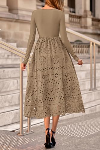 dowerme Women Spring Dresses 2026 Casual Long Sleeve Crewneck A-Line Boho Eyelet Cotton Maxi Wedding Guest Dress Pockets(Khaki,Small) — view 5