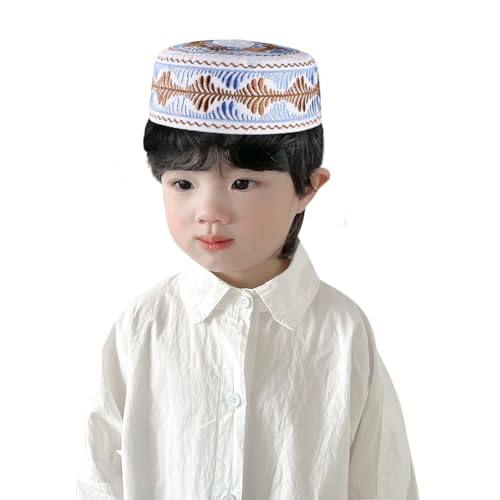 SIQITECH Bonnet de Prière Respirant Musulman Bonnet Brodé pour Garçon Calotte Musulmane Calotte de Prière Plat Chapeau en Polyester Doux Islamique Chapeau Turban Traditionnel pour l'Aïd Ramadan