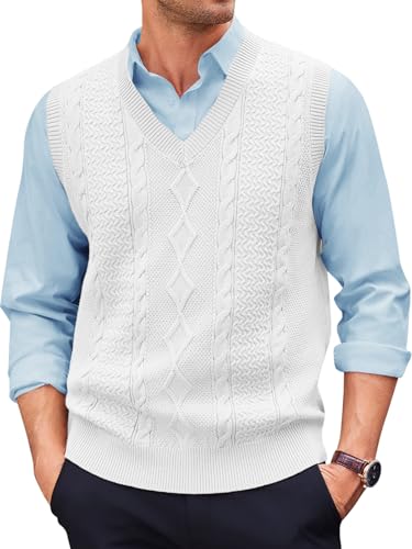 Runcati Mens V Neck Sweater Vest Casual Cable Knitted Pullover Knitwear Slim Fit Sleeveless Sweaters White