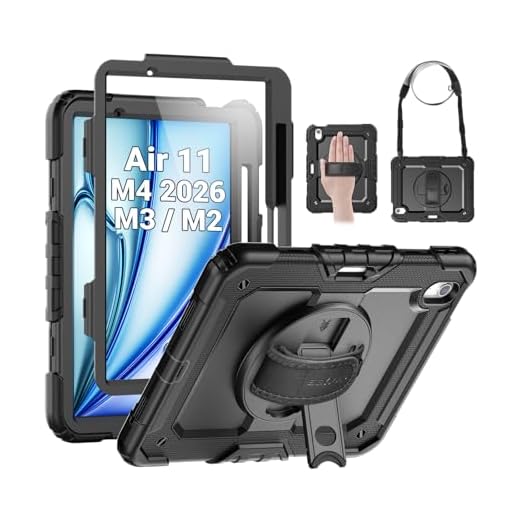 SEYMAC Case for iPad Air 11 Inch M4 / M3 / M2 (2026/2025 / 2024), Heavy Duty Shockproof Protective Case with Screen Protector, 360° Rotating Stand and Hand/Shoulder Strap, Black