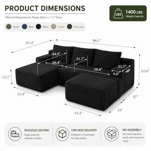 Image of Boneless Couch, Modular Sectional Couches for Living Room, U-Shaped Cloud Couch Sofa with Deep Seat, Fluffy Corduroy Upholstered Corner Sofa(96 inch Black Left,U Shaped)