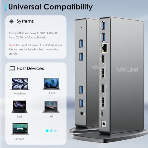 Stacja dokująca DisplayLink, uniwersalna stacja dokująca WAVLINK USB-C z 2 × HDMI i DP, Gigabit Ethernet, 6 × USB 3.0, audio, mikrofon, kompatybilna z Mac OS i Windows