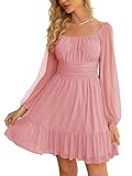 Wenrine Women's Mesh Long Sleeve Square Neck Dress High Waist A Line Ruffle Hem Flowy Casual Party Mini Dress Pink