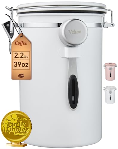 Image of Veken Coffee Canister,39OZ, 2.2lbs,Large Airtight Stainless Steel Container | Date Tracker, Kitchen Food Storage Jars for Beans,Ground, Espresso, Rice,Tea, Sugar, Cereal, Cookie,Gifts, Lids, Scoop, White