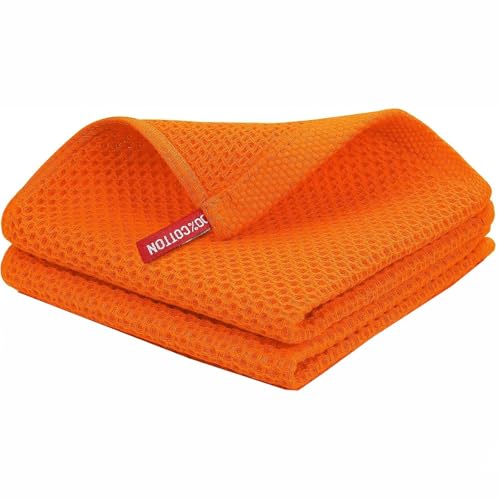 Image of Kitchen Cotton Lint Free Waffle Weave Hand Towels, Quick Drying Dish Cloths, Highly Absorbent Dish Rags Tea Towels Set with Hanging Loop, 13.4 inchx 13.4 inch, Orange, Pack of 2