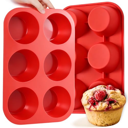 Image of CAKETIME Silicone Jumbo Muffin Pan, 3.5 Inch Silicone Texas Muffin Pan 6 Cup Large Cupcake Pan Nonstick BPA Free Silicone Molds 2 Pack Red