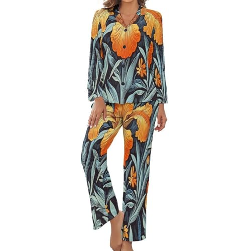 Pyjama deux pièces à manches longues en taille grande motif fleurs d'iris rétro pour femme