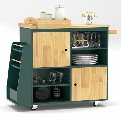 Image of NSdirect Kitchen Island Cart,Kitchen Bar&Serving Cart Rolling on Wheels with Spice Rack Towel Holder Utility Storage Trolley with Storage Drawers,Green