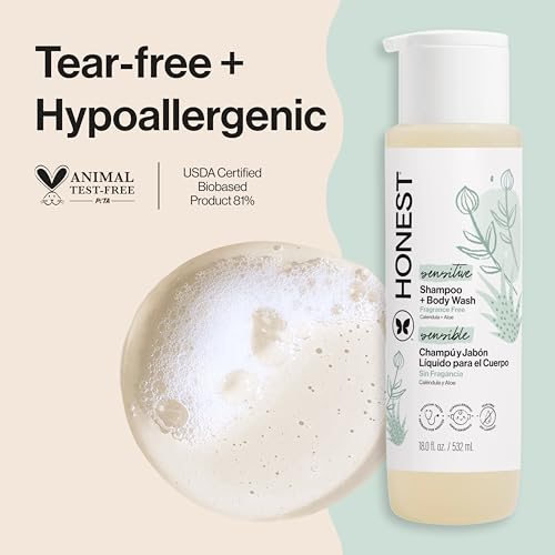 Image of The Honest Company 2-in-1 Baby Shampoo & Body Wash, Fragrance-Free, Gentle, Tear-Free, Hypoallergenic, Naturally Derived, Sensitive Skin, 18 fl oz