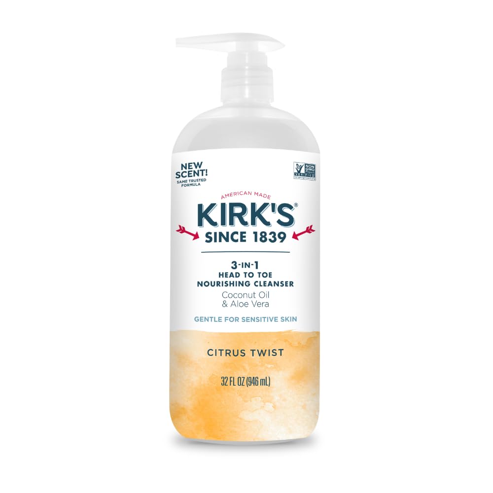 Kirk's 3-in-1 Head to Toe Nourishing Liquid Cleanser- for Men, Women & Children - Premium Coconut Oil & Aloe Vera- Non GMO & Vegan - Citrus Twist - 32