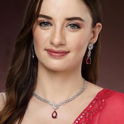 Image of ZENEME Rhodium Plated Brass Silver Toned Luxurious Sparkle Pink Necklace & Earring Jewellery Set For Women & Girls