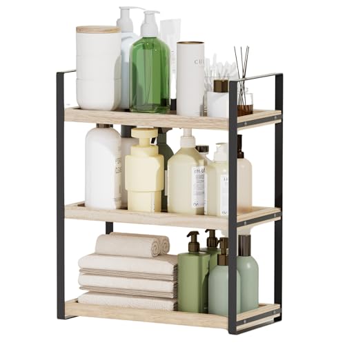 ohbien 3 Etagen Standregal Badezimmer Organizer, Badezimmer Regal Holz mit Metallgestell, Küchen Gewürzregal Standregale, Schreibtisch Organizer für Küche Schminktisch Kommode