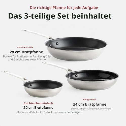 Foto von KitchenAid Stainless Steel 20cm, 24cm & 28cm Bratpfannen-Set, PFAS-Freie Gesunde Keramische Antihaftbeschichtung, Induktion, Ofen- und Spülmaschinenfest, Silber