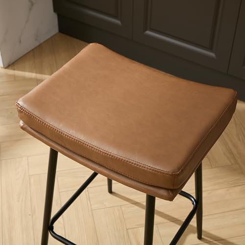 Image of Solstrand Saddle Bar Stools Set of 2,Counter Height Bar Stools for Kitchen Counter Farmhouse Modern Faux Leather Barstools with Upholstered Backless Seat and Solid Metal Legs, 26 inch Bar Chairs, Brown