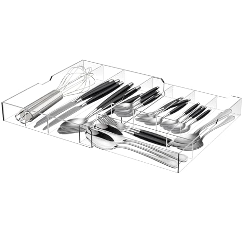 Fasmov Expandable Plastic In-Drawer Utensil Organizer Tray, Acrylic Adjustable Cutlery and Flatware Tray, Silverware Organizer Kitchen Drawer Organizer for Flatware and Utensils -9 Compartments