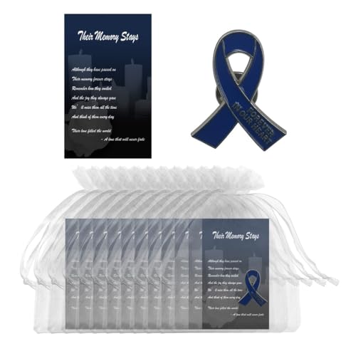 Image of 60 Set Funeral Ribbon Pins Memorial Pin Forever in Our Hearts Lapel Pin Remembrance Brooch with Prayer Cards & Organza Bags