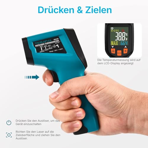 Tilswall Infrarot Thermometer(nicht für Menschen) -50°C bis 600°C IR Digital Laser Temperaturmessgerät für Kochen/Barbecue/Pizza Oven/Gefrierschrank/Industrie (Fleischthermometer inklusive)