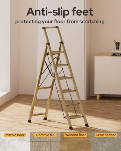 Image of 6 Step Ladder for 12 Feet High Ceiling, Lightweight Aluminum Folding Step Stool with Convenient Handgrip, Stepladders with Anti-Slip and Wide Pedal for Home Use Space Saving - Gold