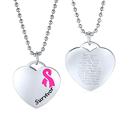 Bling Jewelry Collier Pour Femmes En Acier Inoxydable Argent Avec Gravure Personnalisée En Forme De Coeur Et Ruban Rose Pour Survivor Du Cancer Du Sein