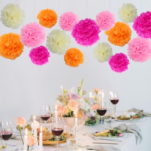 Image of BestoFun 16 PCS Hot Pink Orange Cream Party Decorations Tissue Paper Flowers Pom Poms Decorations for Girl Groovy Birthday Baby Shower Wedding Bachelorette Room Wall Hanging Decor