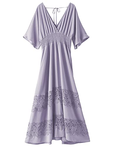 Image of Olaesa Boho Maxi Dress V Neck Short Sleeve Lace Smocked Waist Flowy Dress | Wedding Guest Dress with Pockets, Summer Bohemian Vacation Dress, Elegant Party Dress for Family photo& Baby Shower