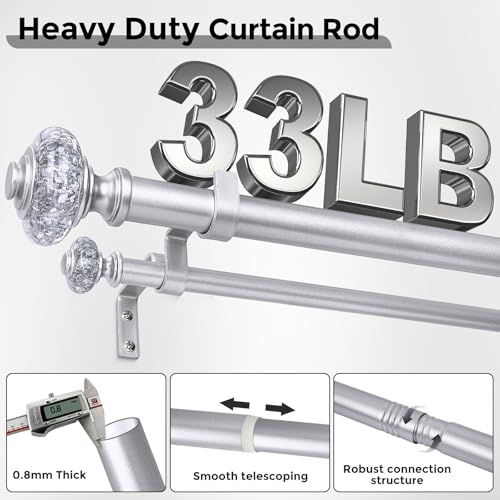 Wolistsa Silver Double Curtain Rods for Windows 36 to 72 Inch, 1 Inch Adjustable Decorative Crystal Dual Curtain Rod, Heavy Duty Vintage Double Drapery Pole with Silver Foil Finials for Living Room