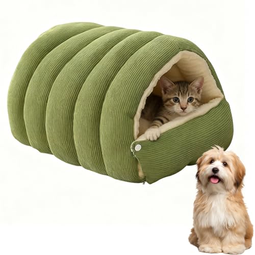 Cat Dog Cave Bed, 2026 New Winter Cave for Cat and Small Dog, Warm Plush Covered Cat House with Removable Cushion,Soft Calming Indoor Cat Bed (Green, M(14 * 12 * 8inch)