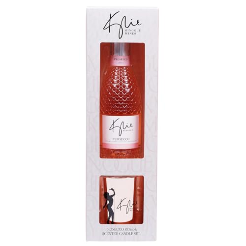 Kylie Minogue Mini Prosecco Rosé Gift Pack 20cl 11% ABV with 150g Branded Watermelon & Mint Candle Elegant Gift by Blue Tree Gifts