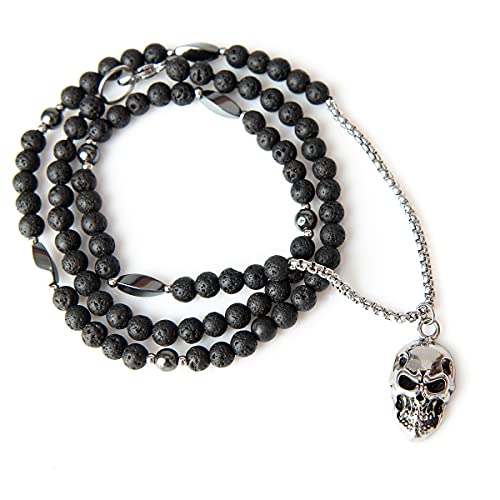 PerlaStyle Collar para Hombre con Hematita y Lava volcanica 6mm Colgante de Calavera Estilo rockero de Acero Inoxidable (Harley)