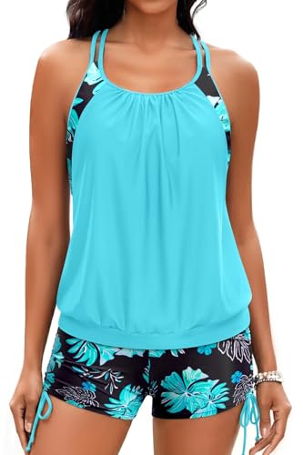 Image of Holipick Tankini Swimsuits Two Piece Tummy Control Bathing Suits Blouson Swim Tank Top with Boy Shorts