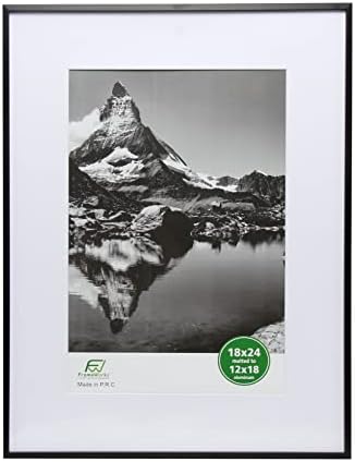 FrameWorks 18”x24” Matted to 12”x18” – Deluxe Black Aluminum Contemporary Picture Frame with Tempered Glass and Removable Mat