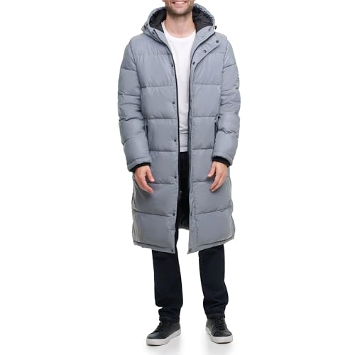 DKNY Men's Arctic Cloth Hooded Extra Long Parka Jacket, Reflection, Medium