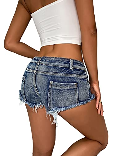 X-Xya Womens Sexy Low Rise Mini Denim Shorts Hot Pants Thong Cheeky Jeans Shorts,Blue,Large #TOP1
