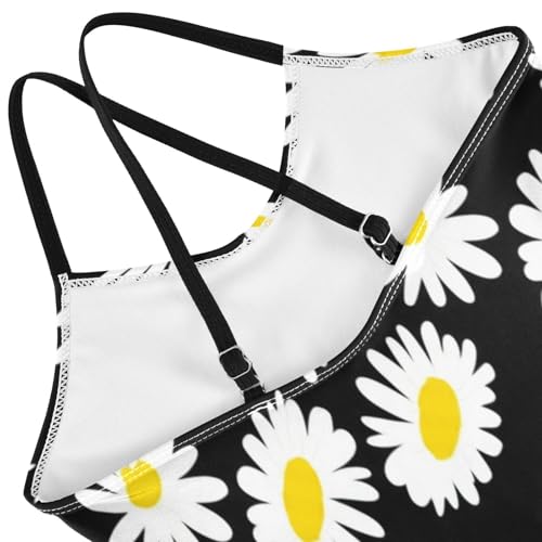 White Daisies Black One Piece Girls Swimsuit, Beach Swimsuit 3-10 Y with Adjustable Shoulder Strap, 3-10 Y4