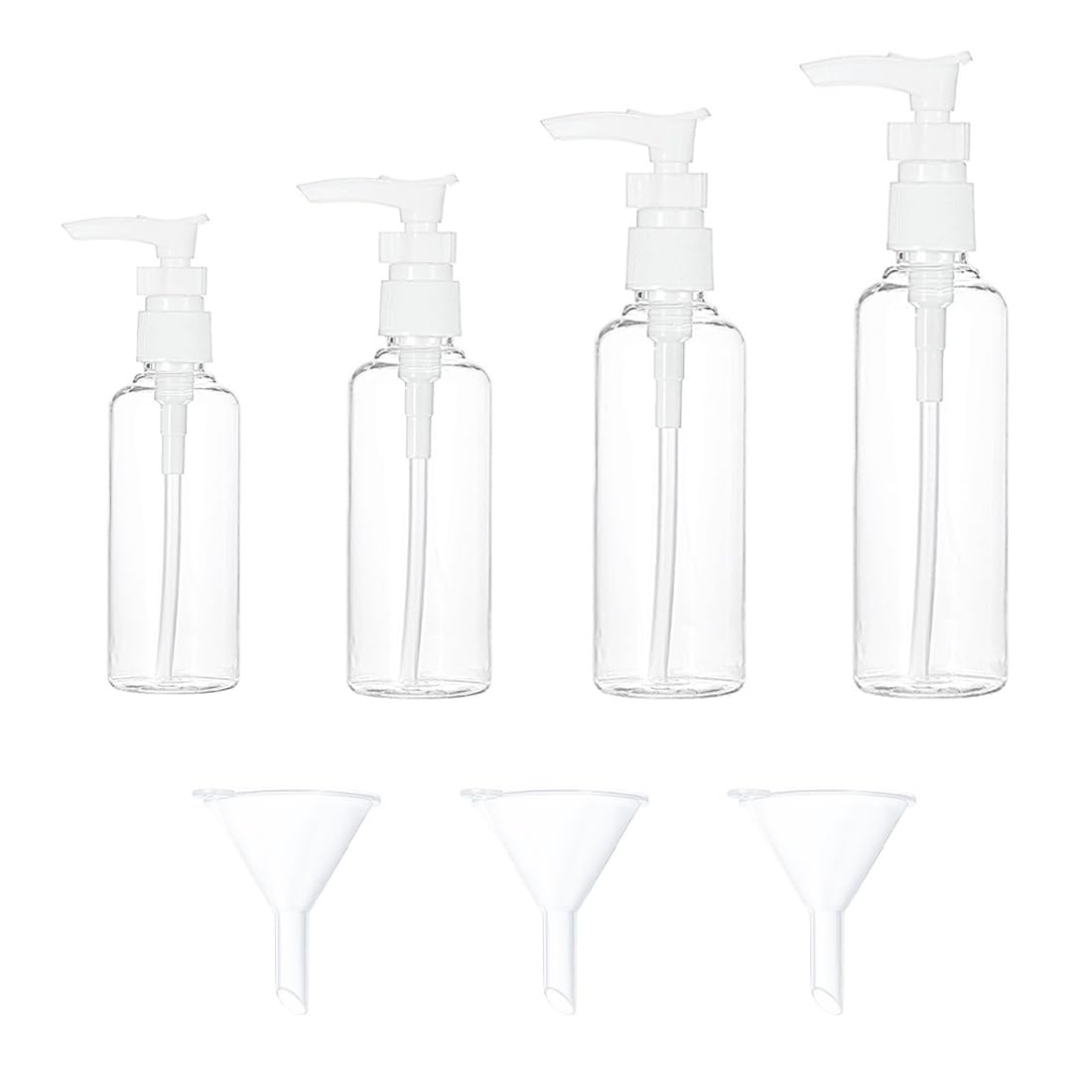 4 sztuki dozownika kremu, 30 ml, 50 ml, 80 ml, 100 ml, bezpowietrzne, przezroczyste butelki podróżne, pojemniki do wielokrotnego napełniania z 3 lejkami, do kosmetyków, balsamów, kąpieli, szamponów w